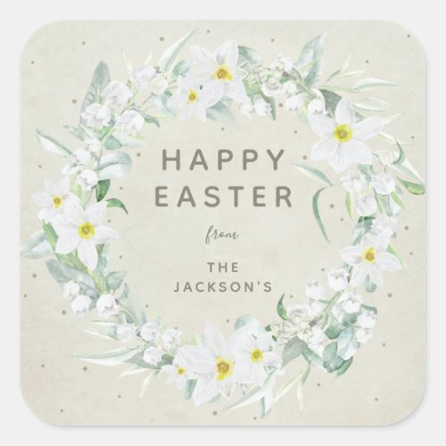 Beige  White Floral Wreath Easter Message Square Sticker