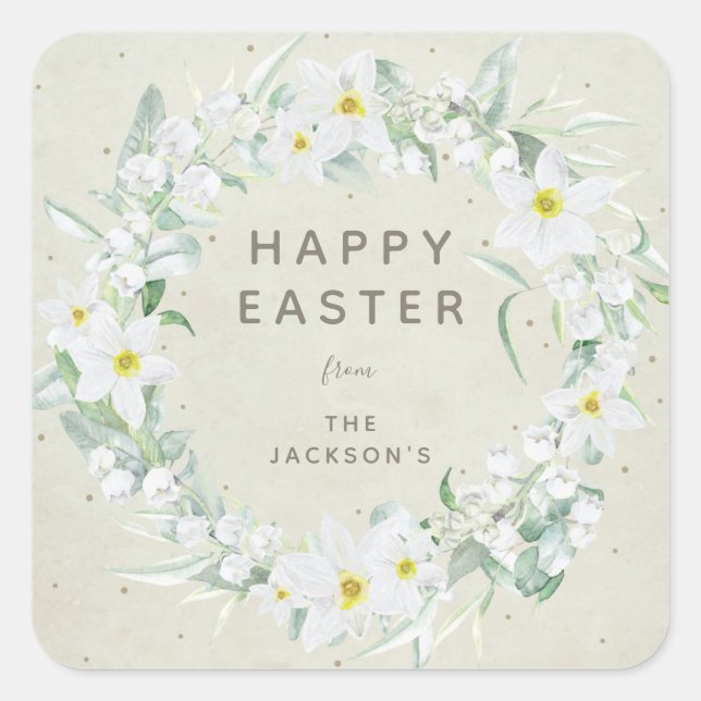 Beige + White Floral Wreath Easter Message Square Sticker (Front)