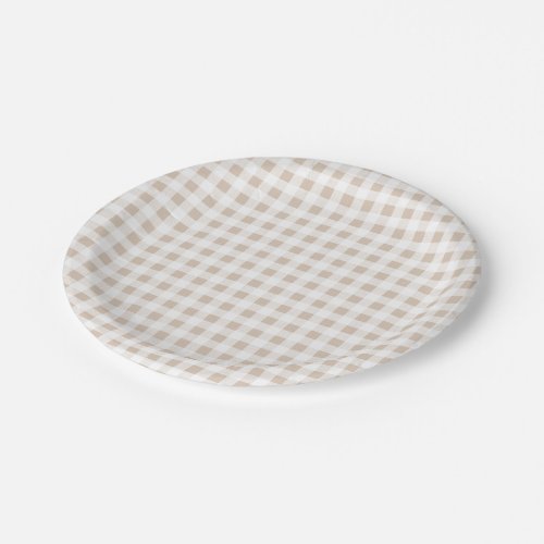 Beige White Gingham Pattern Paper Plates