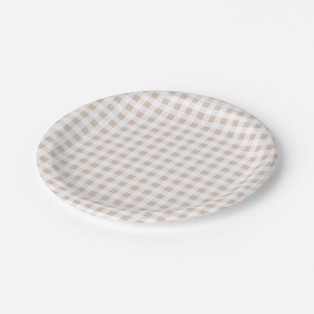 Beige White Gingham Pattern Paper Plates (Angled)