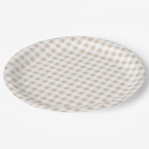 Beige White Gingham Pattern Paper Plates