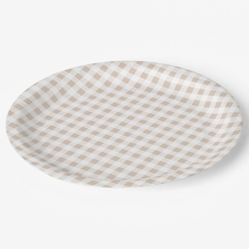 Beige White Gingham Pattern Paper Plates