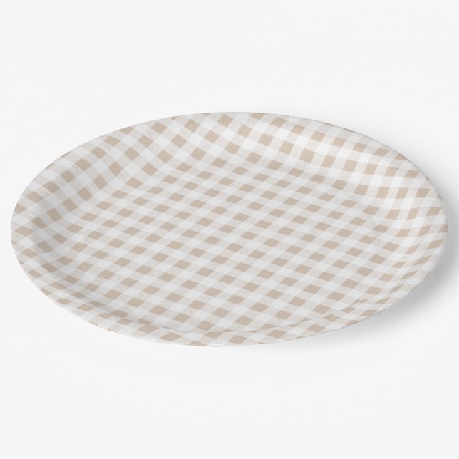 Beige White Gingham Pattern Paper Plates (Angled)