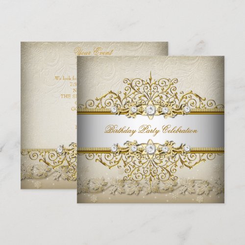 Beige White Gold Cream Elegant Party 5.25x5.25 Square Paper Invitation Card
