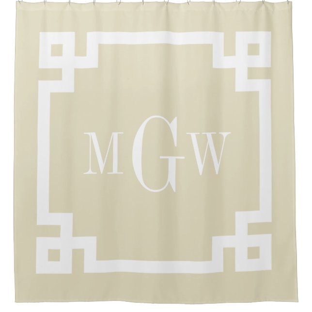Beige White Greek Key #2 Framed 3I Monogram Shower Curtain (Front)