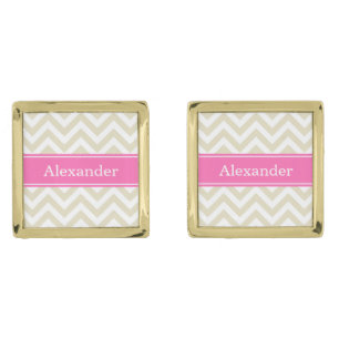 Beige White LG Chevron Hot Pink #2 Name Monogram Cufflinks