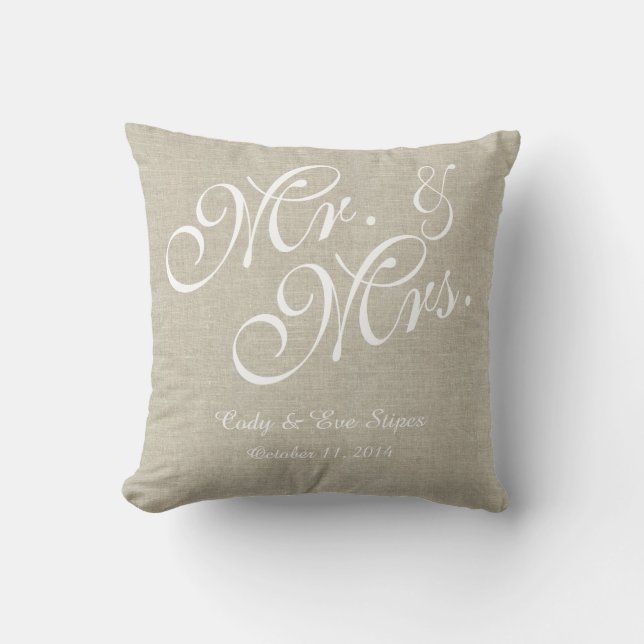 Beige White Linen Mr. and Mrs. Wedding Pillow (Front)