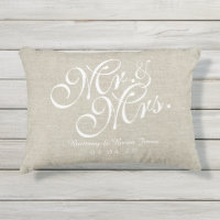 Beige White Linen Mr. and Mrs. Wedding Pillow