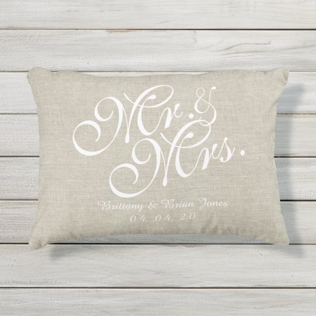 Beige White Linen Mr. and Mrs. Wedding Pillow (Front)