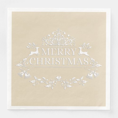 Beige  White Merry Christmas Paper Napkins