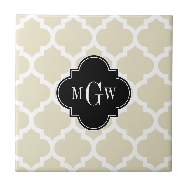 Beige, White Moroccan #5 Black 3 Initial Monogram Ceramic Tile (Front)
