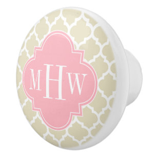 Beige, White Moroccan #5 Pink 3 Initial Monogram Ceramic Knob