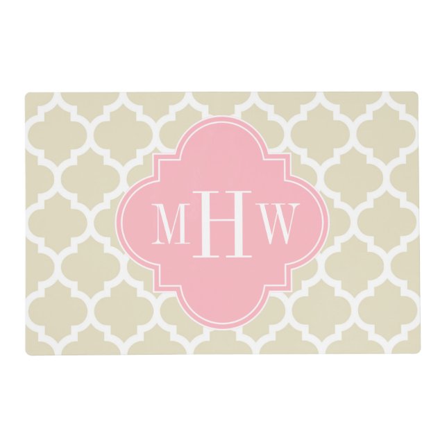 Beige, White Moroccan #5 Pink 3 Initial Monogram Placemat (Front)