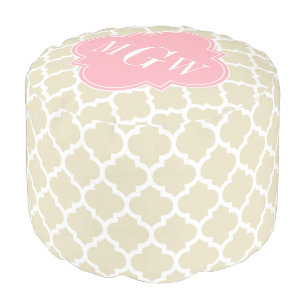 Beige, White Moroccan #5 Pink 3 Initial Monogram Pouf