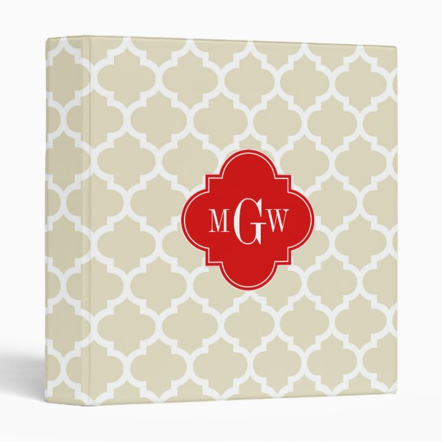 Beige, White Moroccan #5 Red 3 Initial Monogram Binder (Front/Spine)