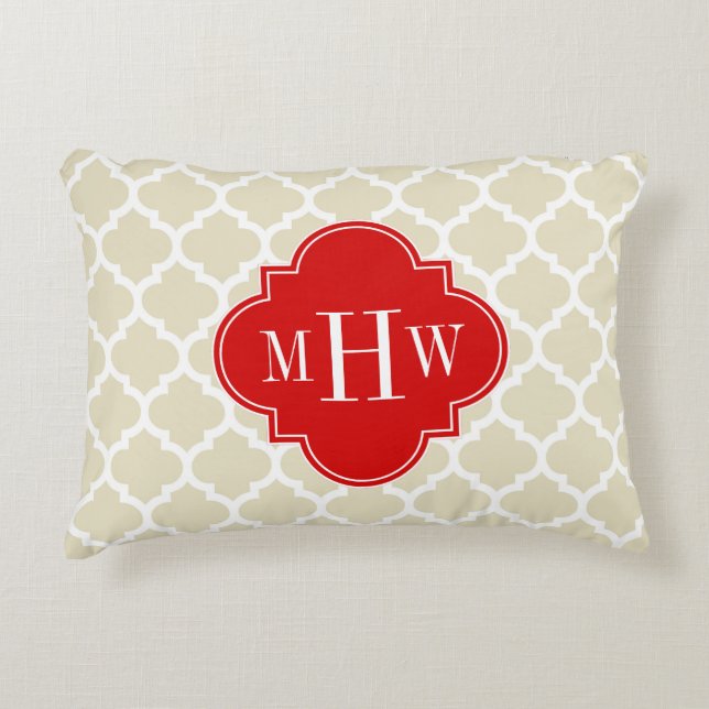 Beige, White Moroccan #5 Red 3 Initial Monogram Decorative Pillow (Front)