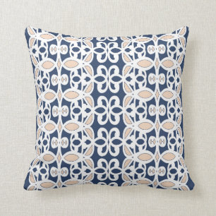 Beige, white, navy blue, ornamental pattern throw pillow