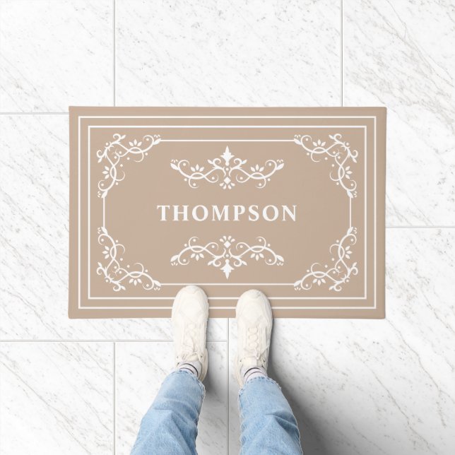 Beige White Ornate Decorative Swirls Custom Name Doormat (Indoor)