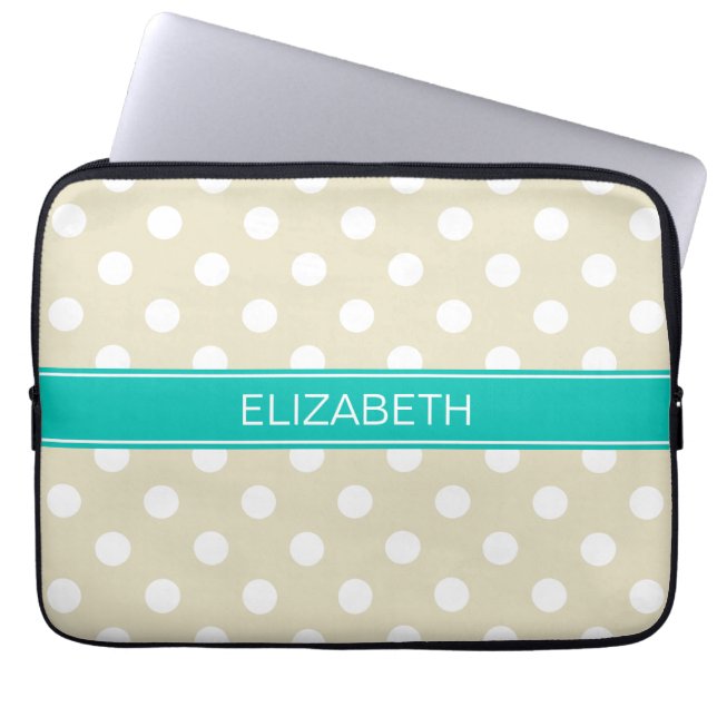 Beige White Polka Dots #2 Teal Monogram Laptop Sleeve (Front)
