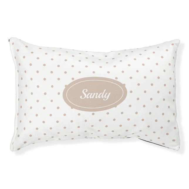Beige & White Polka Dots Pattern With Custom Name Pet Bed (Front)