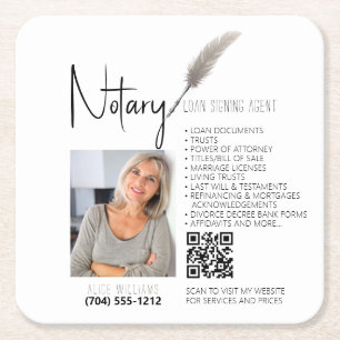 Beige & White QR Code Notary Promotional Square Paper Coaster
