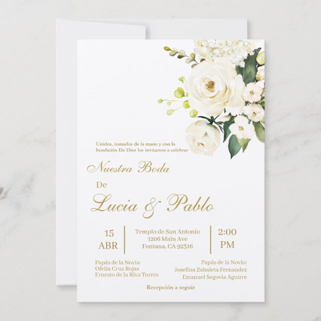 Beige white rose Wedding invitation in spanish (Front)