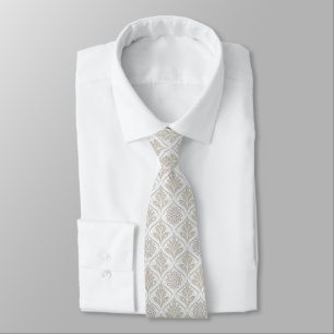 Beige & White Sparkling Quatrefoil Pattern Neck Tie
