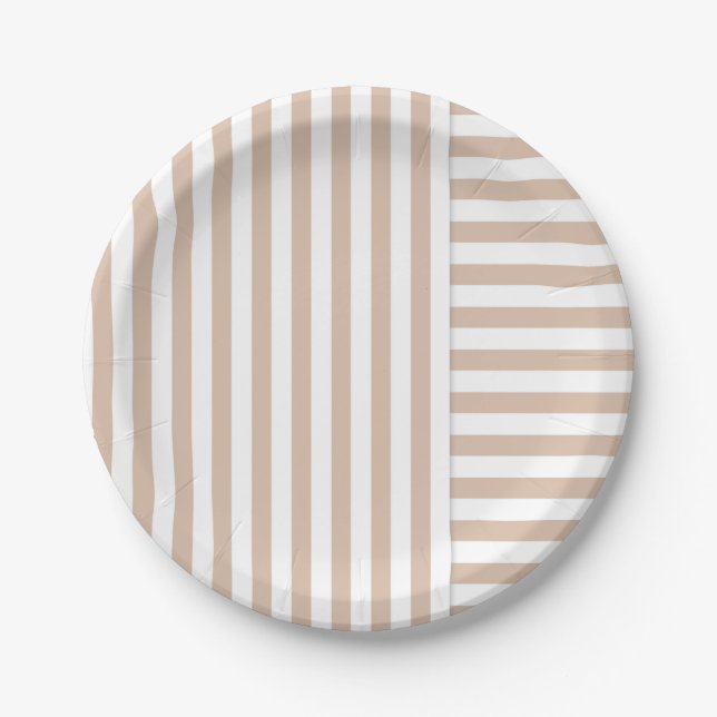 beige white stripe pattern paper plates (Front)