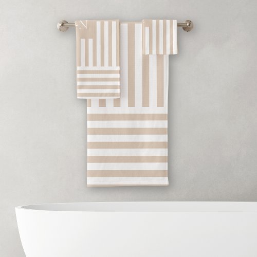 Beige White Striped Bathroom Wedding Couple Gift Bath Towel Set