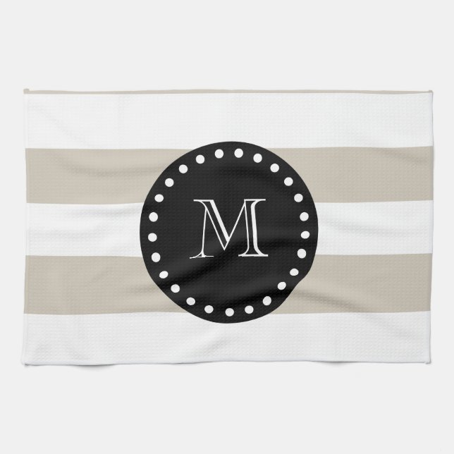 Beige White Stripes Pattern, Black Monogram Kitchen Towel (Horizontal)