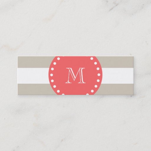 Customizable Beige White Stripes Pattern, Coral Monogram Business Card