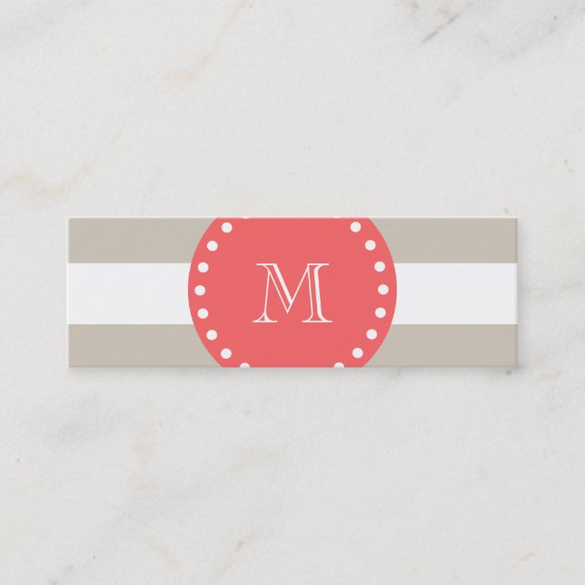 Beige White Stripes Pattern, Coral Monogram Mini Business Card (Front)