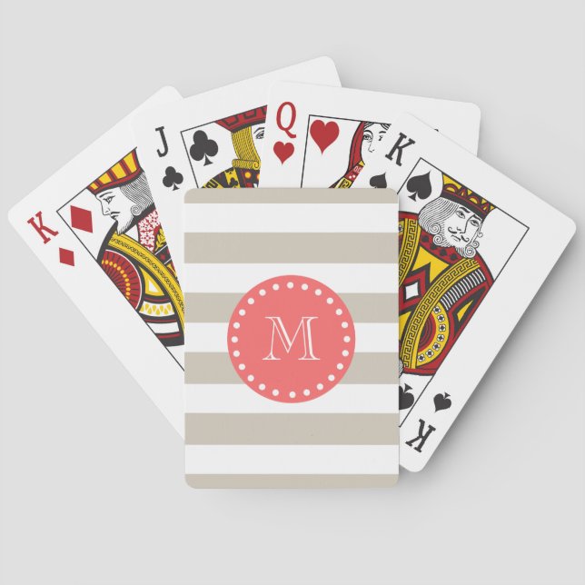 Beige White Stripes Pattern, Coral Monogram Poker Cards (Back)