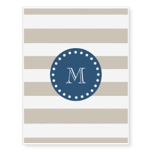 Beige White Stripes Pattern, Navy Blue Monogram Temporary Tattoos