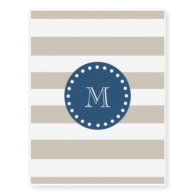 Beige White Stripes Pattern, Navy Blue Monogram Temporary Tattoos (Front)