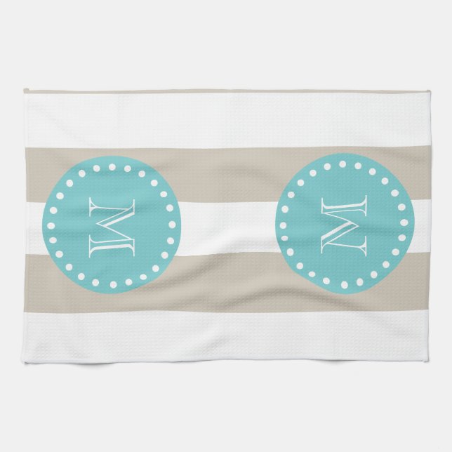 Beige White Stripes Pattern, Teal Monogram Towel (Horizontal)