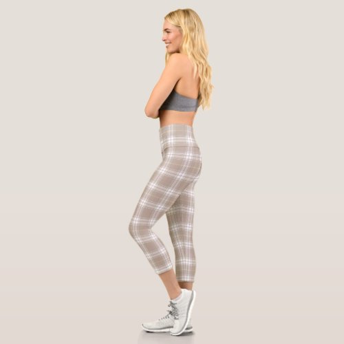 Beige White Tartan Plaid Pattern Rustic  Capri Leggings