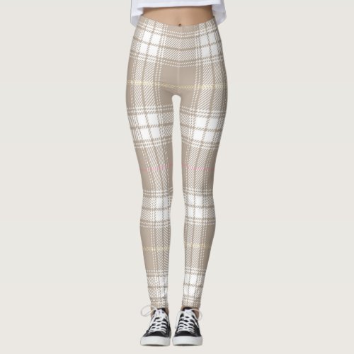 Beige White Tartan Plaid Pattern Rustic  Leggings