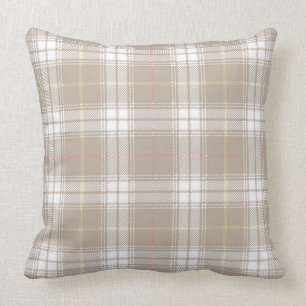 Beige White Tartan Plaid Pattern Rustic Throw Pillow