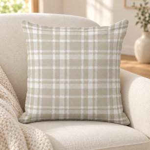 Beige White Tartan Plaid Pattern Throw Pillow