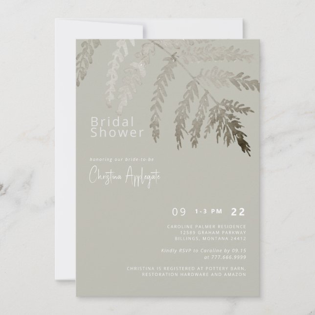 Beige White Text Neutral Foliage Bridal Shower  Invitation (Front)