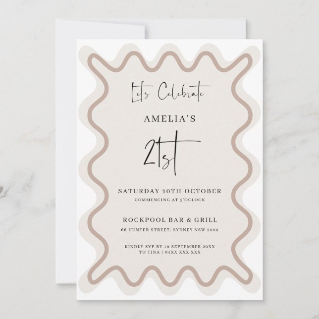 Beige White Wavy Border 21st Birthday Invitation (Front)