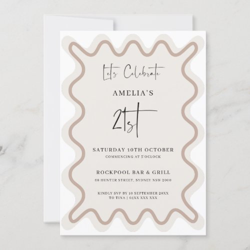 Beige White Wavy Border 21st Birthday Invitation