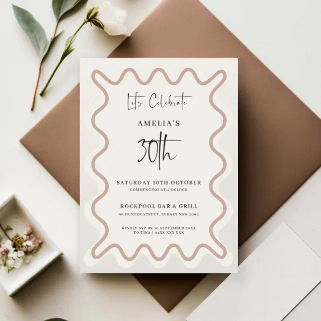 Beige White Wavy Border 30th Birthday Invitation | Zazzle