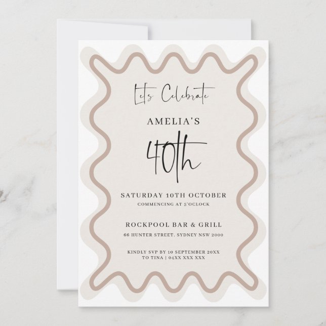 Beige White Wavy Border 40th Birthday Invitation (Front)