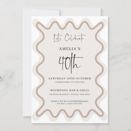 Beige White Wavy Border 40th Birthday Invitation