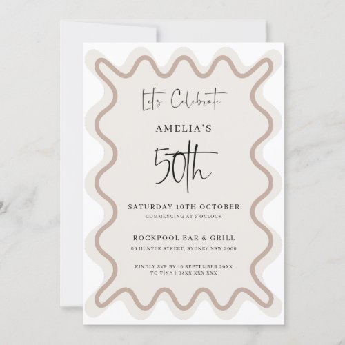 Beige White Wavy Border 50th Birthday Invitation