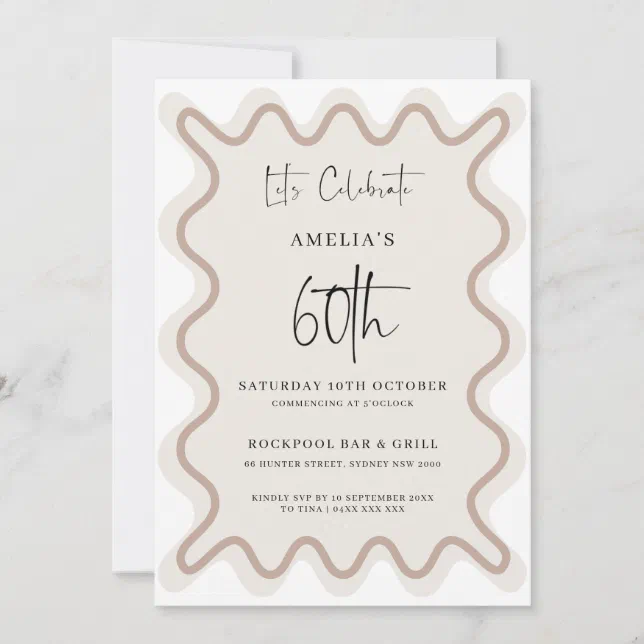 Border Design 60th Beige White Wavy Border 60th Birthday Invitation | Zazzle