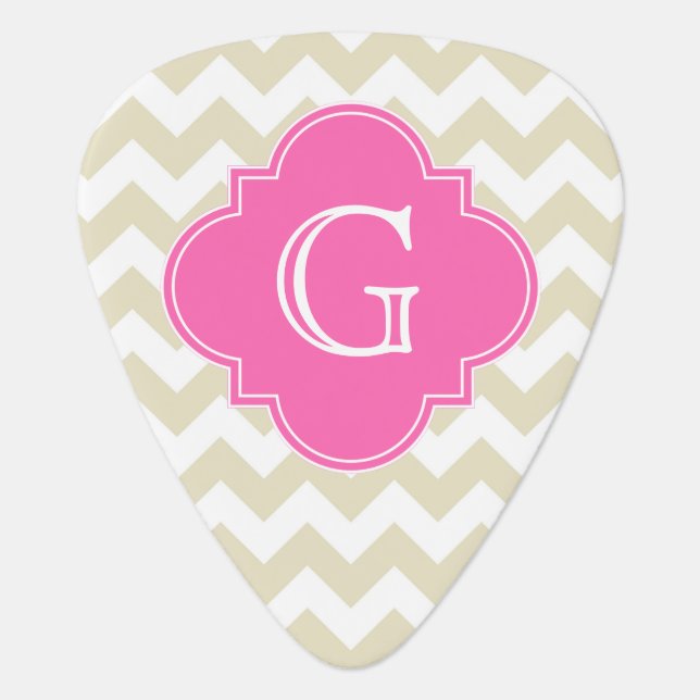 Beige Wht Chevron Hot Pink #2 Quatrefoil Monogram Guitar Pick (Front)