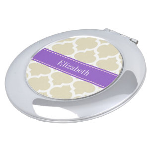 Beige Wht Moroccan #5 Amethyst Name Monogram Makeup Mirror